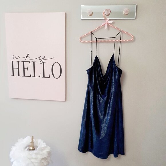 NWT Halston navy blue metallic velvet mini holiday dress - Picture 5 of 16